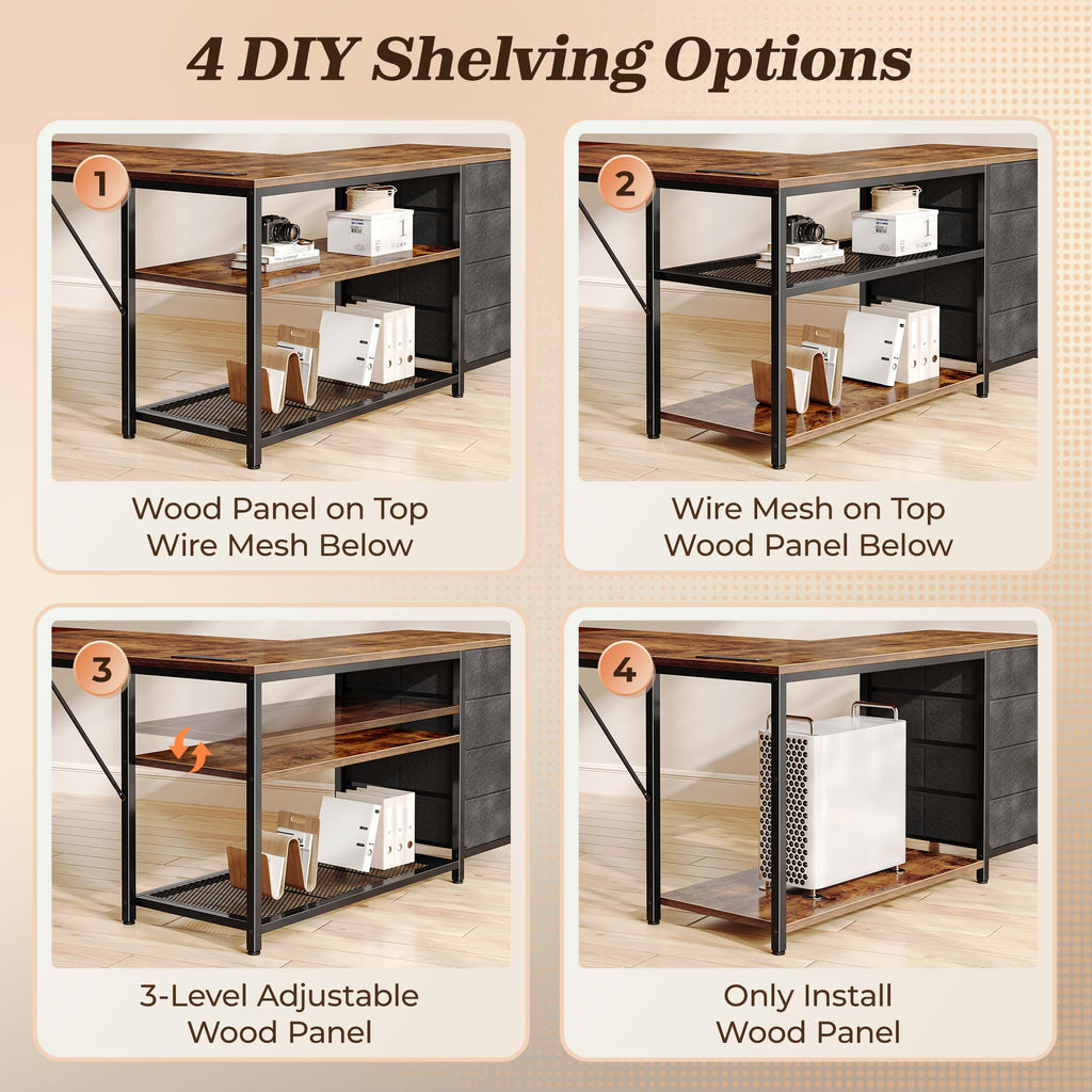 61" L Shaped Desk with Power Outlets & 4 Drawers V575347
