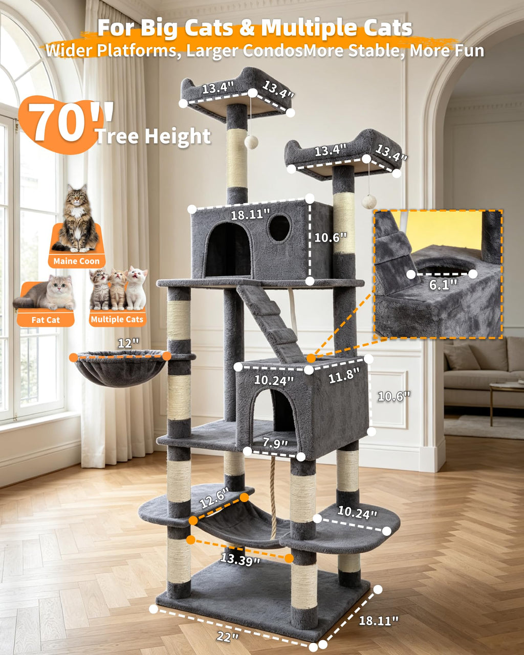 70" Cat Tree with 2 Condos and Wide Perches, Gray Y997247