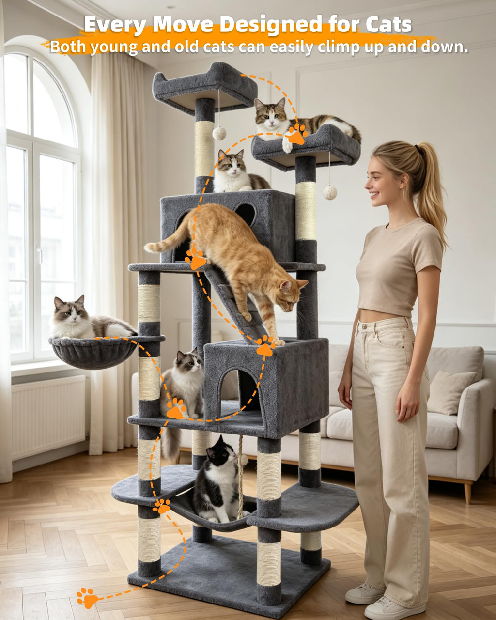 70" Cat Tree with 2 Condos and Wide Perches, Gray Y997247