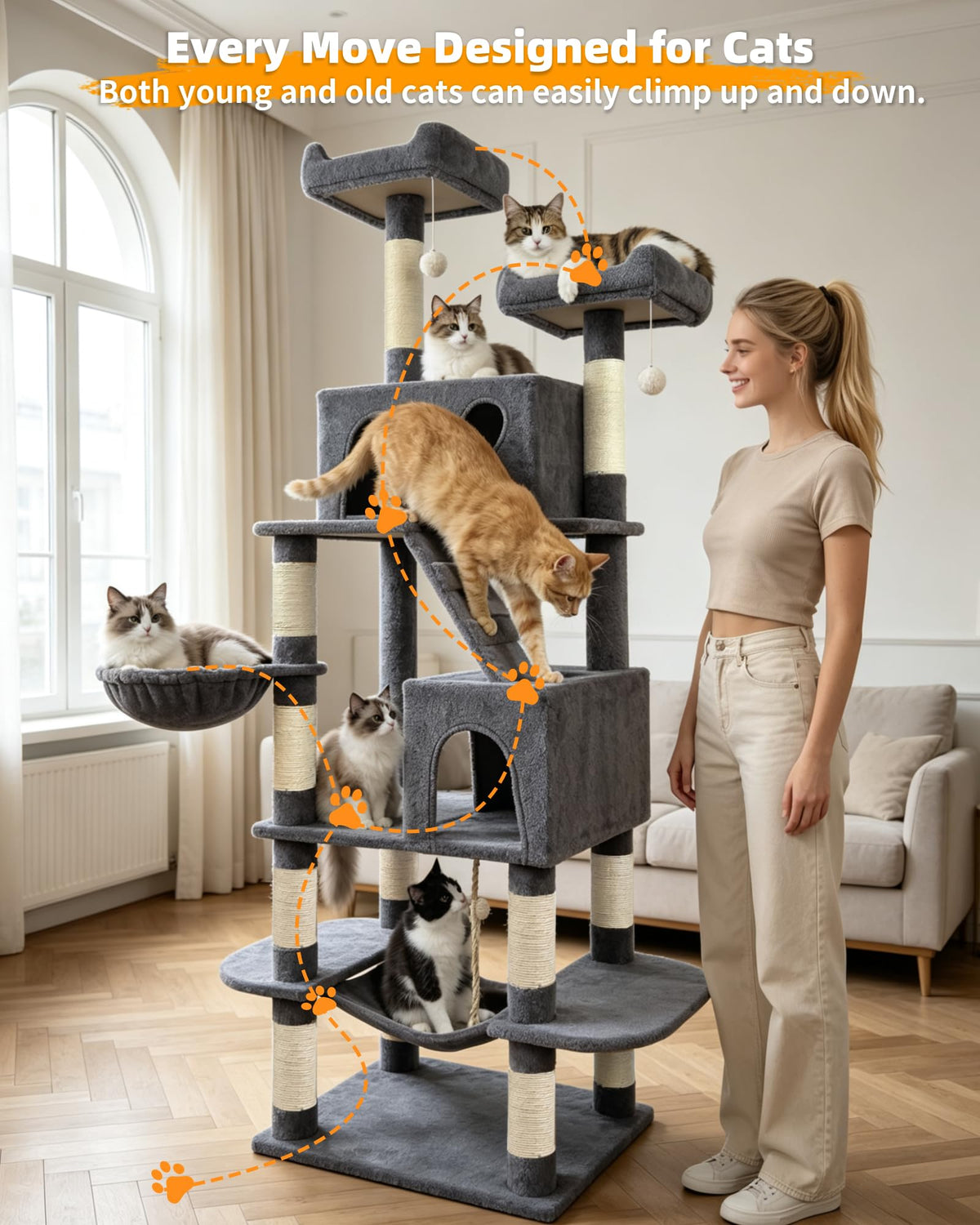70" Cat Tree with 2 Condos and Wide Perches, Gray Y997247