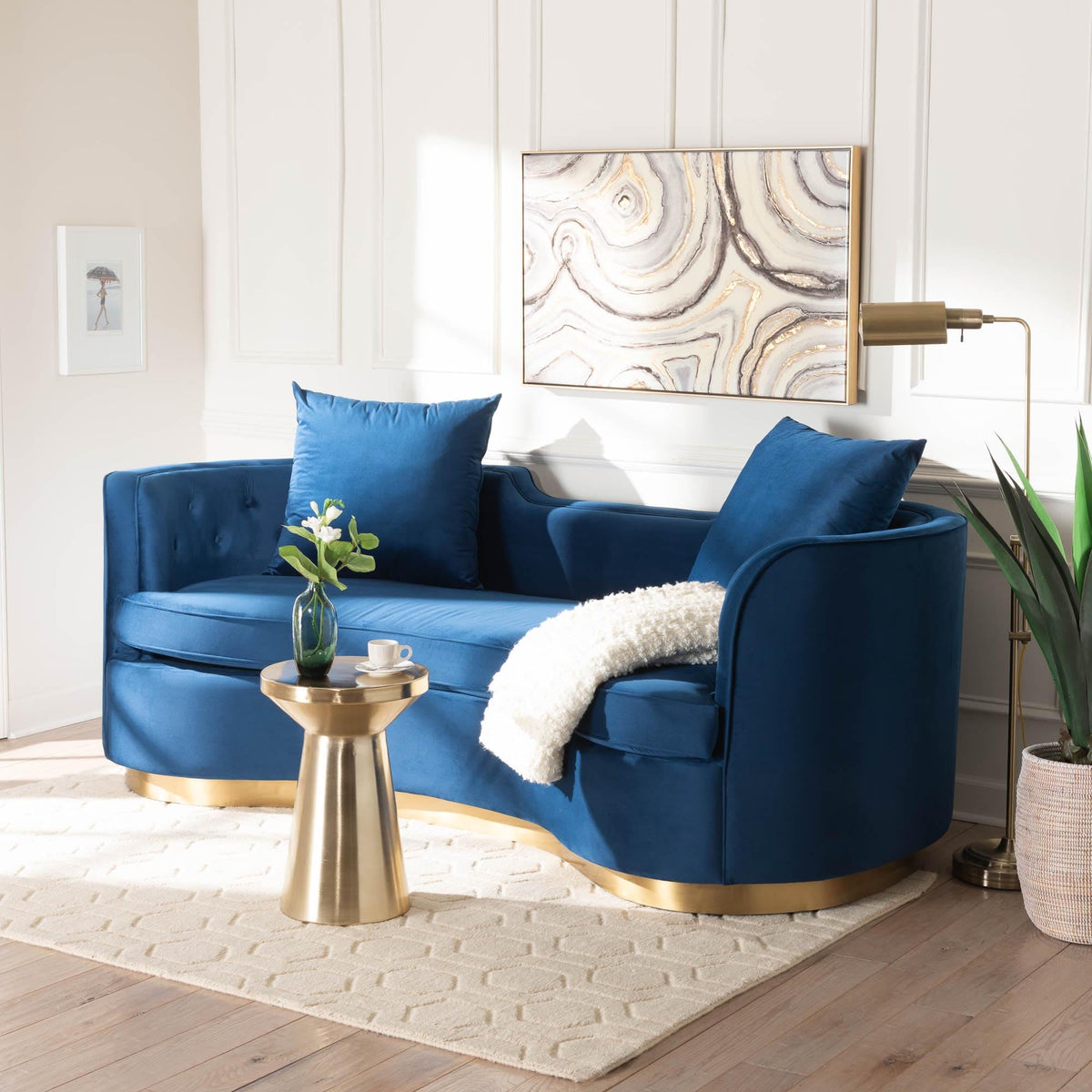 Navy Blue Velvet and Brushed Gold Metal Sofa J5020