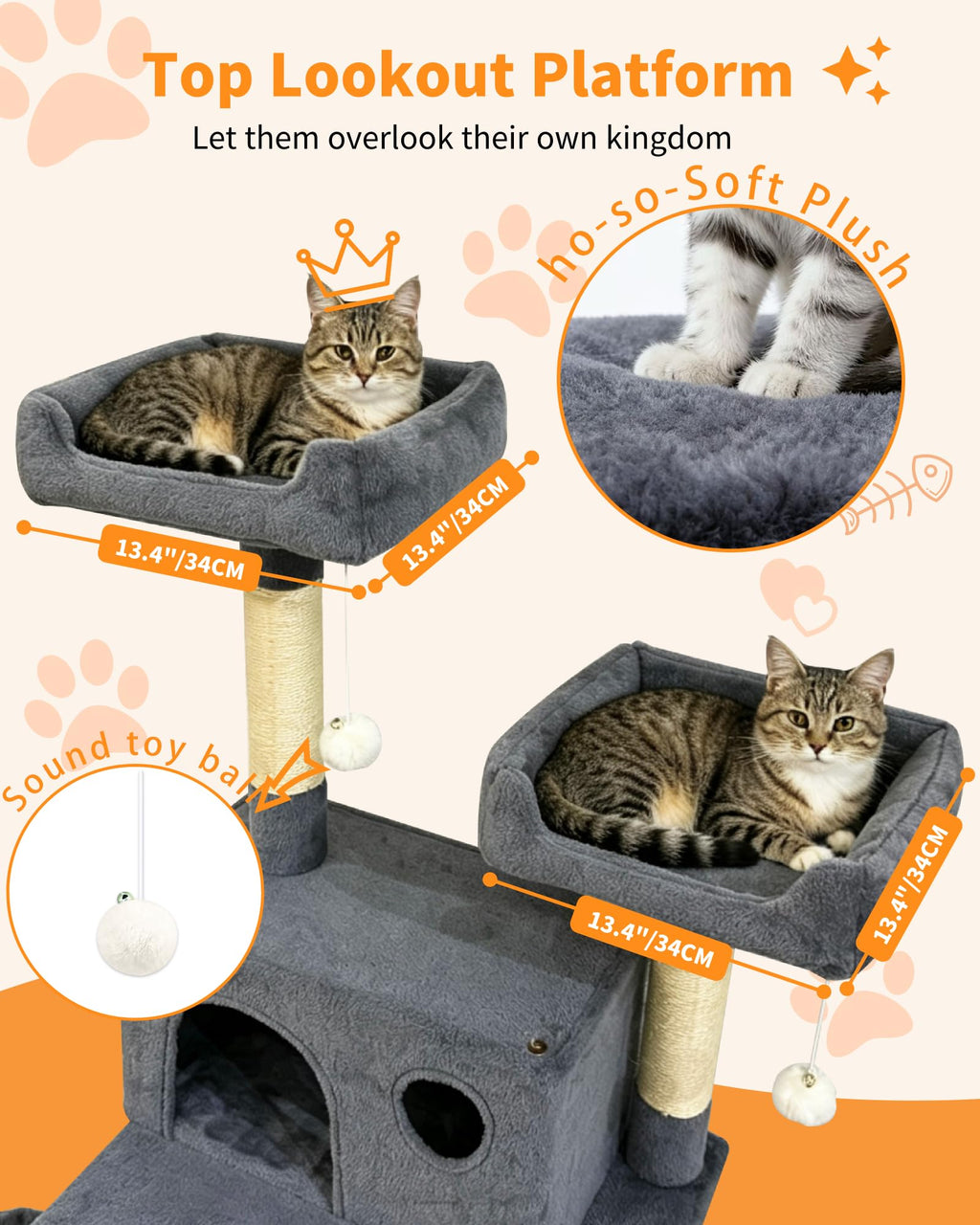 70" Cat Tree with 2 Condos and Wide Perches, Gray Y997247
