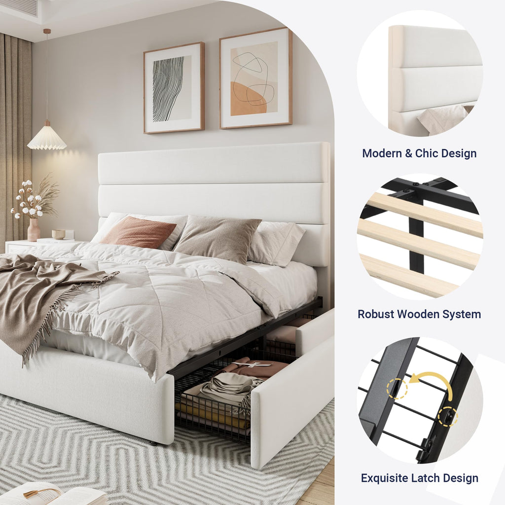 Queen Size Platform Bed Frame with 4 Storage Drawers X1483