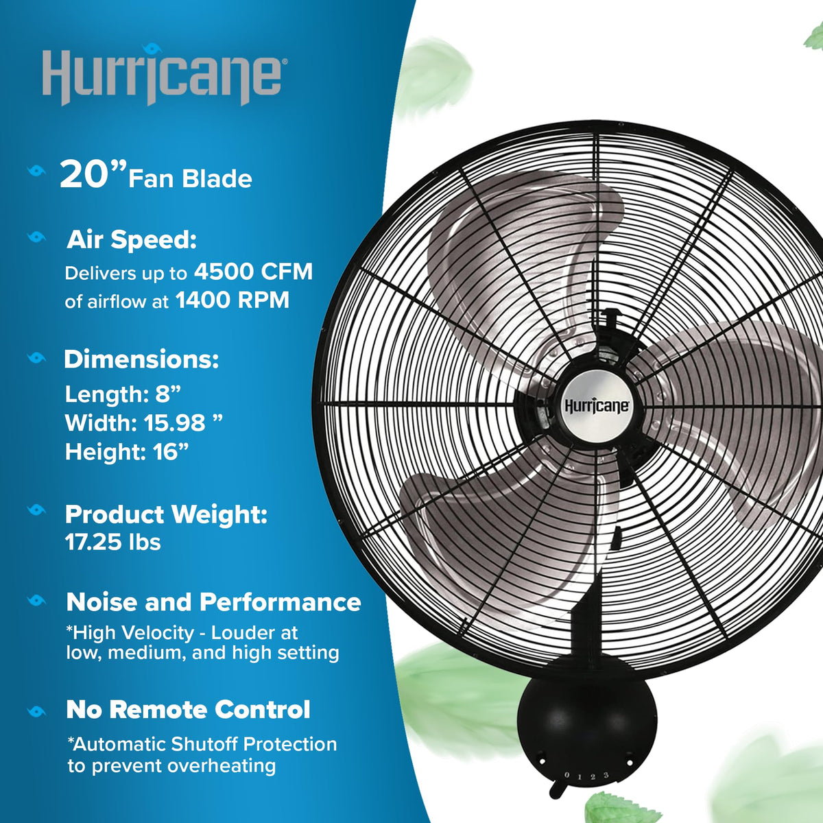 Black 20in 3 Speed Oscillating Wall Fan E17886
