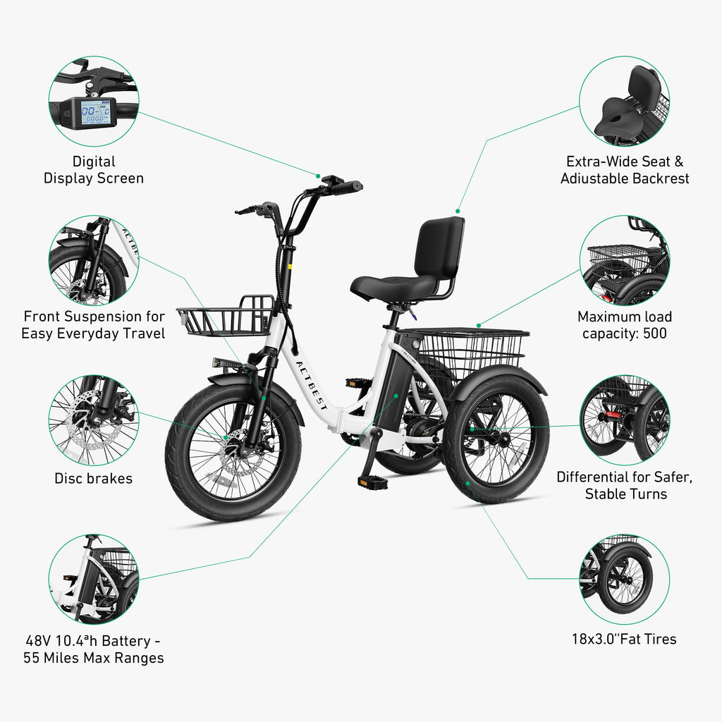 Electric Tricycle for Adults, 18"x3.0" Folding Step-Thru E Trike with 1200W Brushless Motor 48V 499.2Wh Removable Battery Q5131