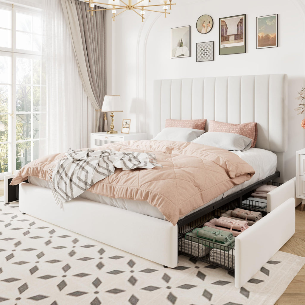 White Velvet Queen Size Storage Bed Frame with 4 Underbed Drawers C170920