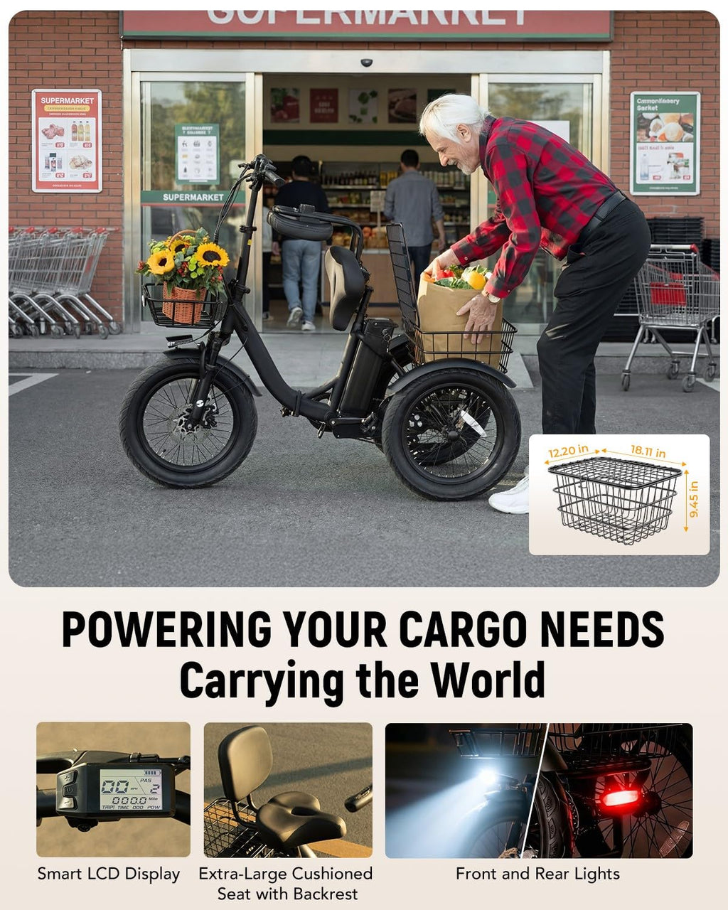 Electric Tricycle for Adults, 18"x3.0" Folding Step-Thru E Trike with 1200W Brushless Motor 48V 499.2Wh Removable Battery Q5131