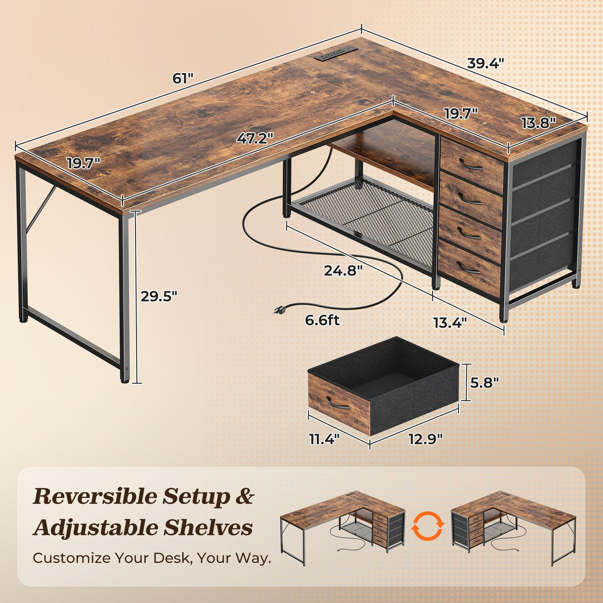 61" L Shaped Desk with Power Outlets & 4 Drawers V575347