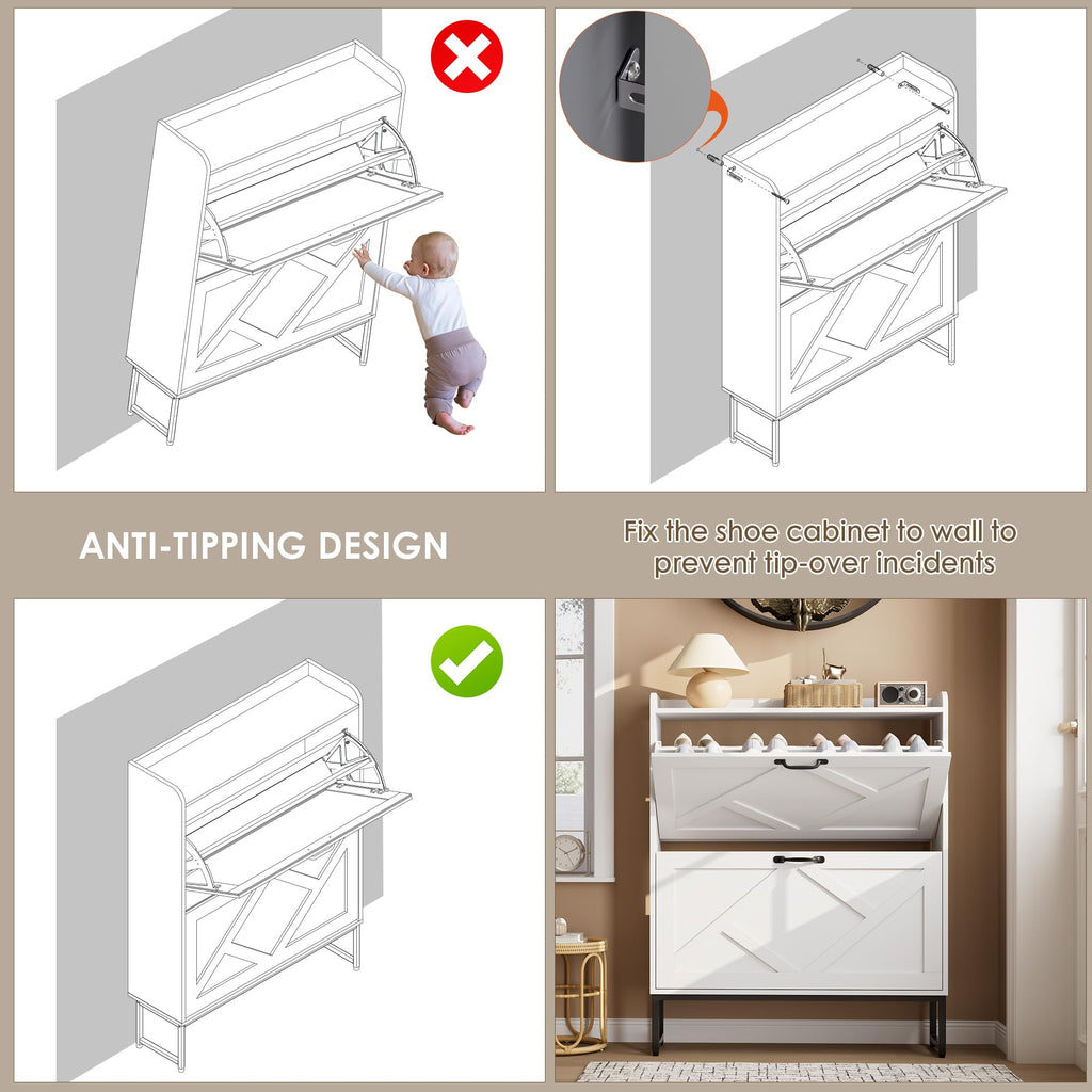 White 2 Flip Drawer Shoe Storage Cabinet F613