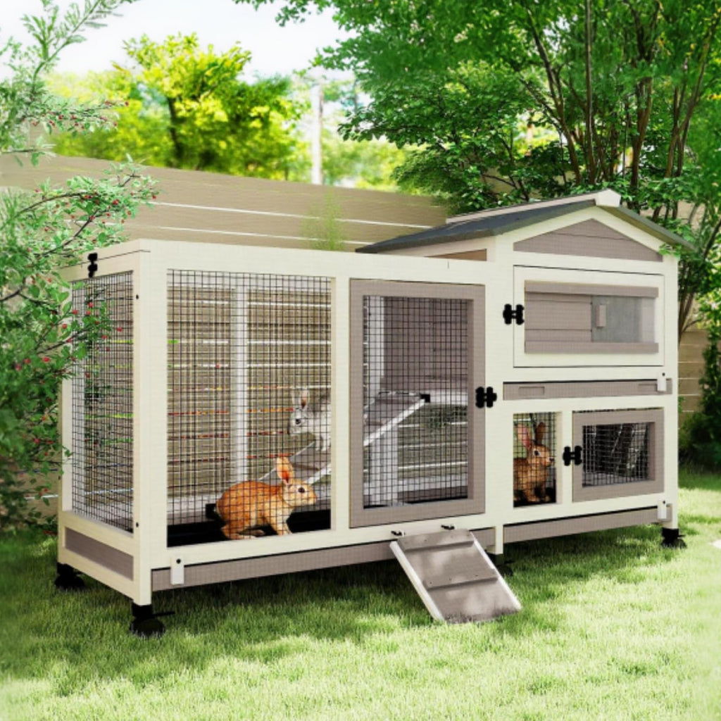 2 Story Wooden Rabbit Hutch with 6 Lockable Wheels K55994