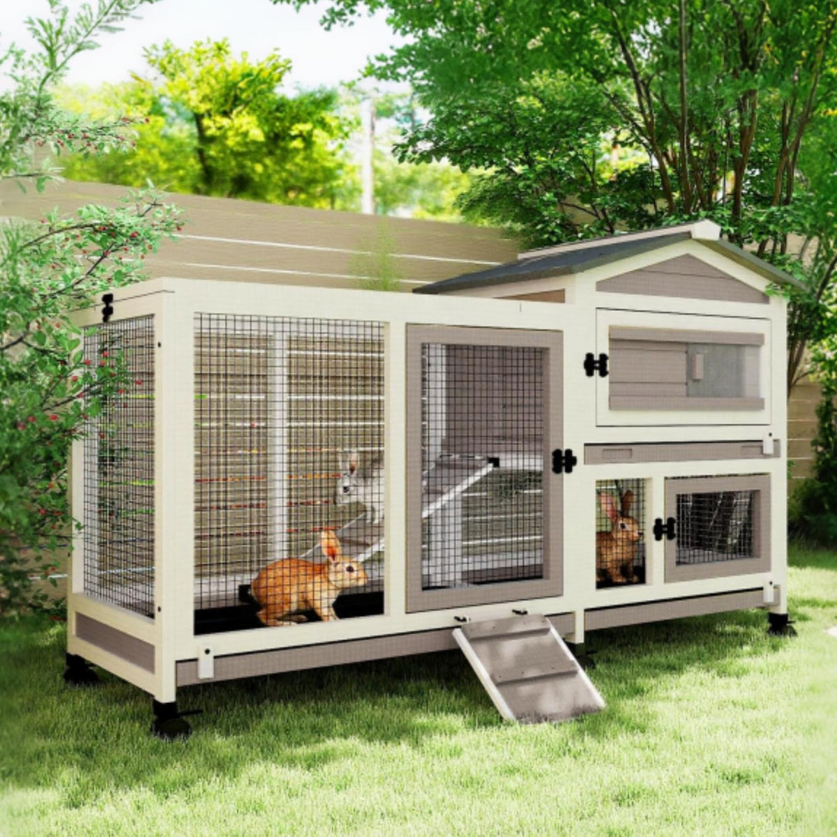 2 Story Wooden Rabbit Hutch with 6 Lockable Wheels K55994