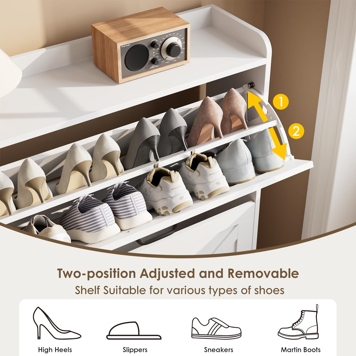 White 2 Flip Drawer Shoe Storage Cabinet F613