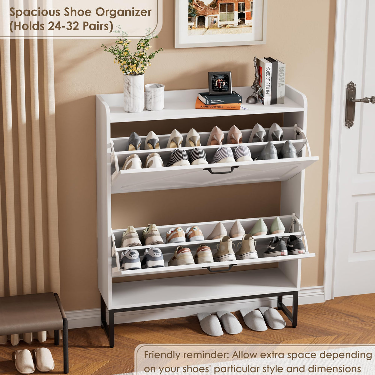 White 2 Flip Drawer Shoe Storage Cabinet F613
