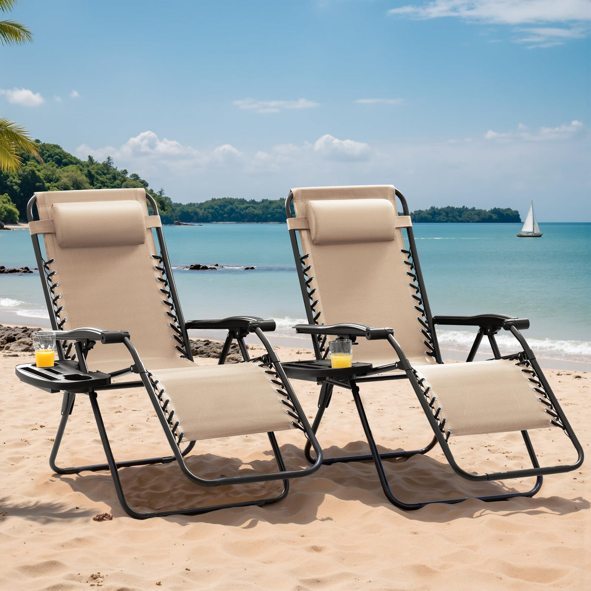 Set of 2 Beige Adjustable Steel Mesh Lounge Chairs with Cup Holder P903