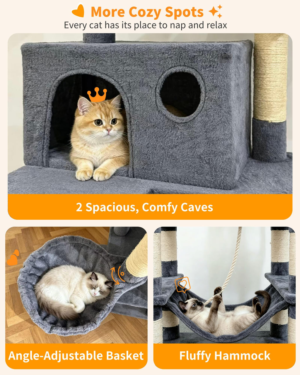 70" Cat Tree with 2 Condos and Wide Perches, Gray Y997247