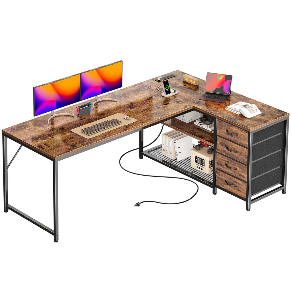 61" L Shaped Desk with Power Outlets & 4 Drawers V575347