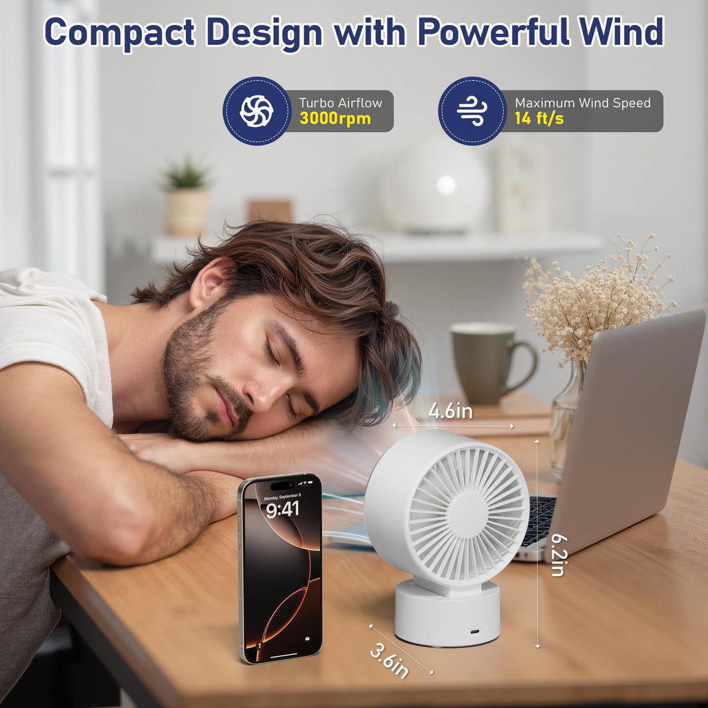 White Rechargeable Desk Fan with 1200mAh Battery O2008