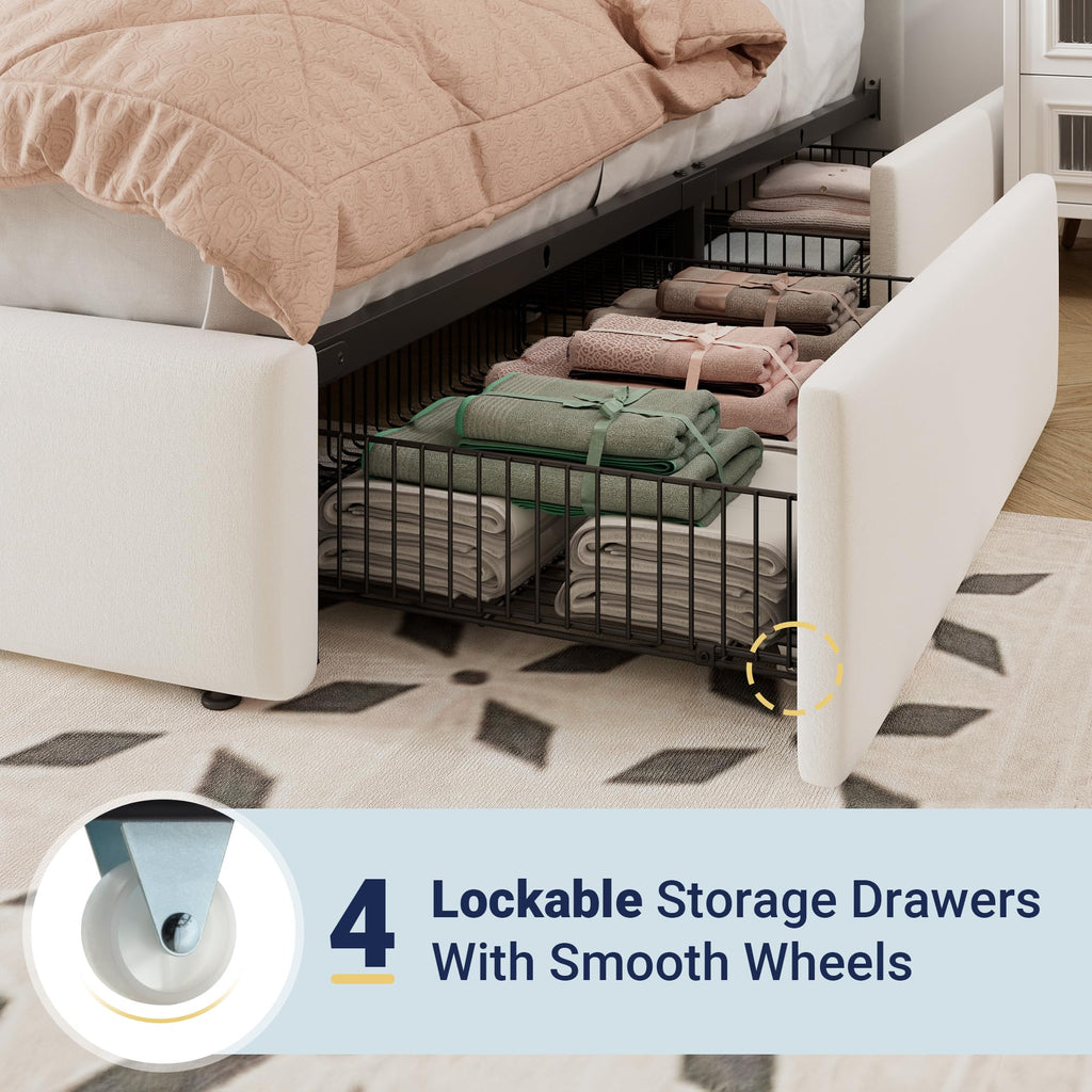 White Velvet Queen Size Storage Bed Frame with 4 Underbed Drawers C170920
