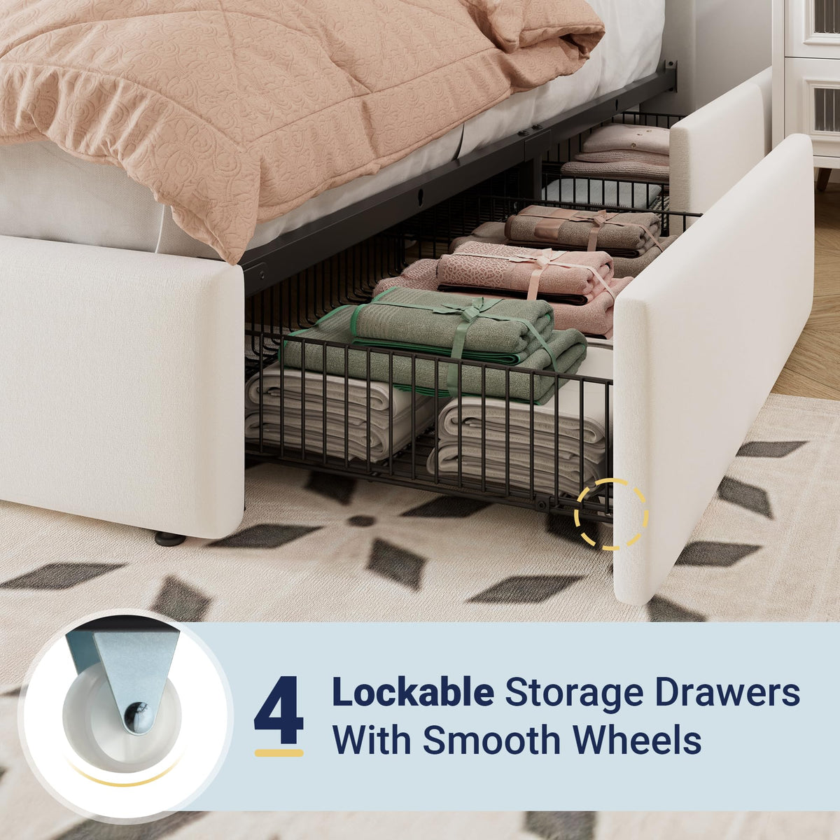 White Velvet Queen Size Storage Bed Frame with 4 Underbed Drawers C170920