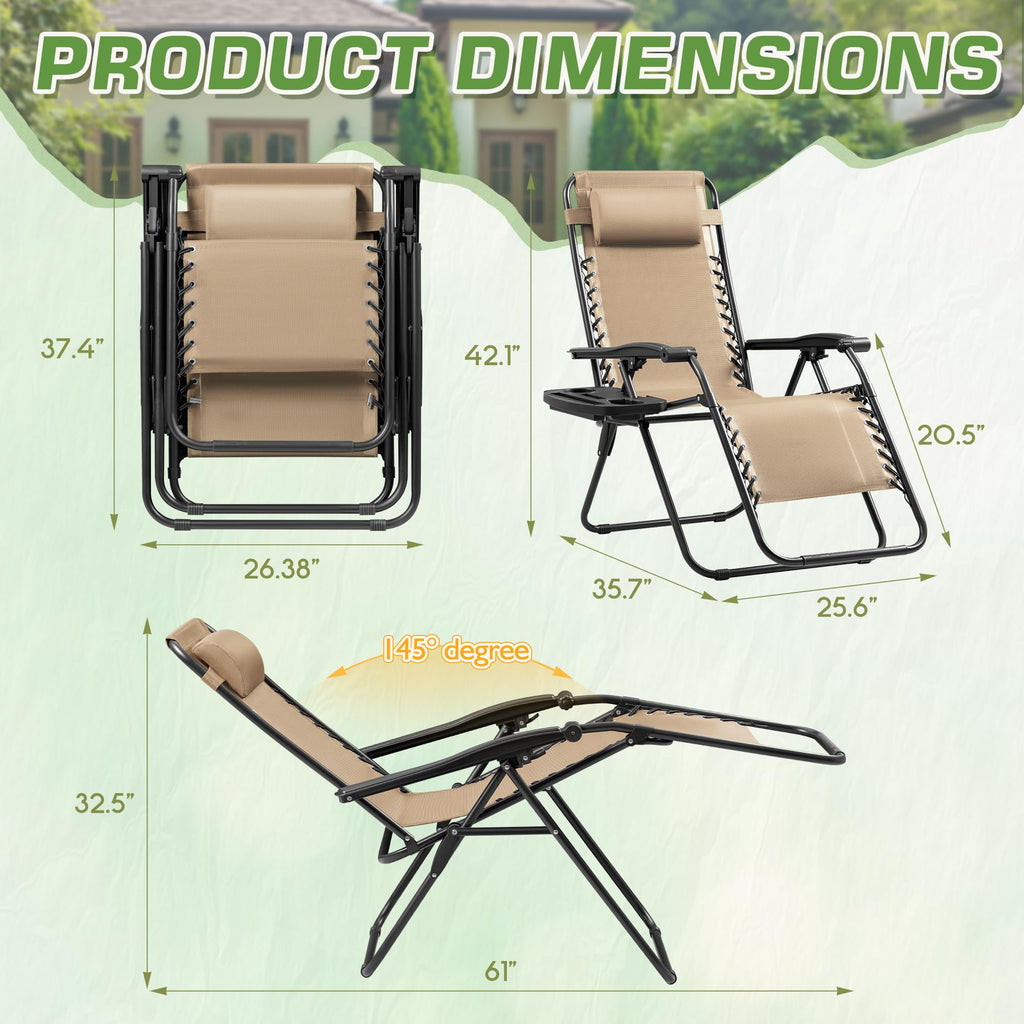 Set of 2 Beige Adjustable Steel Mesh Lounge Chairs with Cup Holder P903