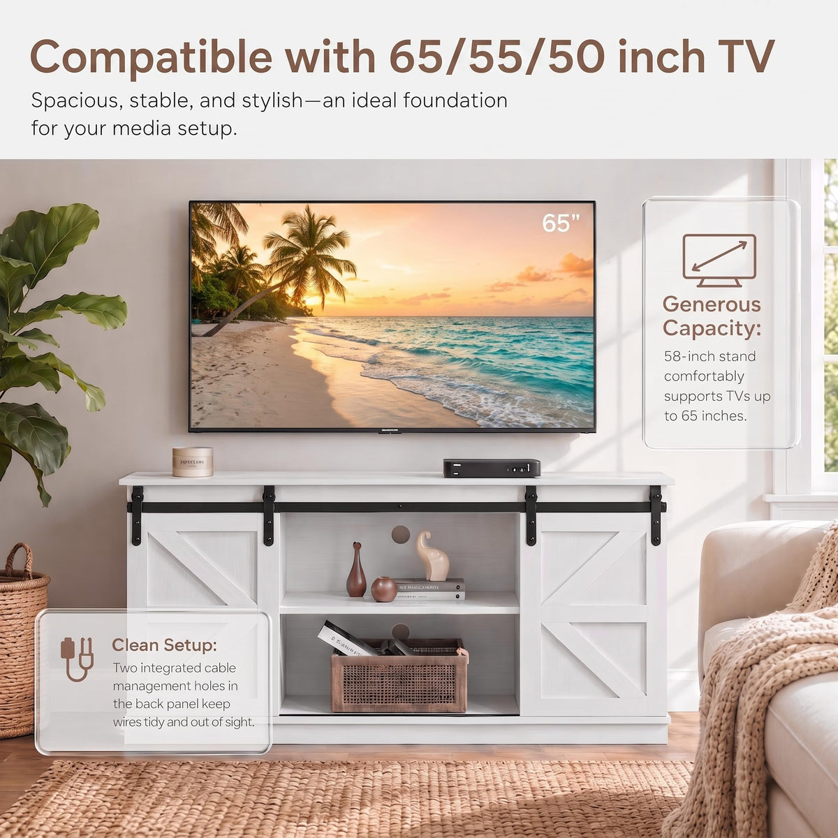 White 58'' TV Stand with Sliding Barn Doors V6011