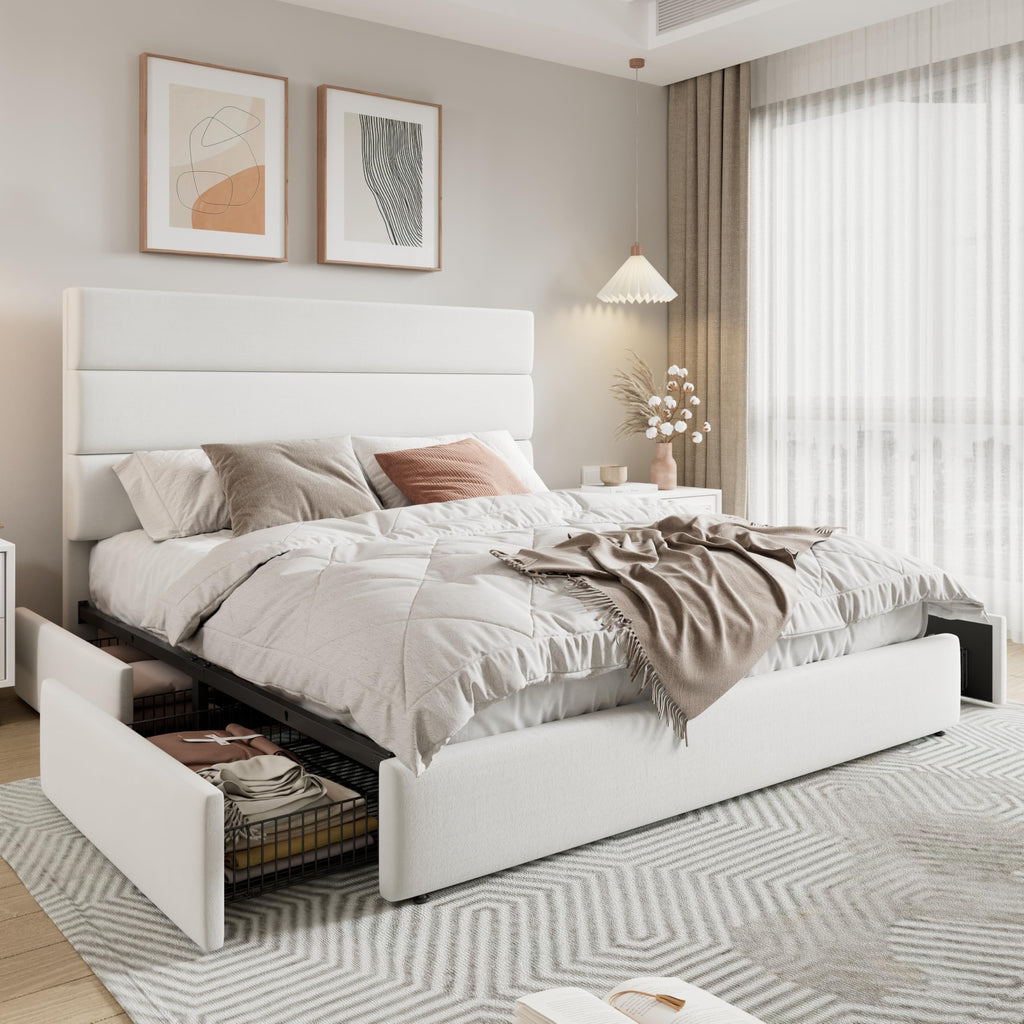 Queen Size Platform Bed Frame with 4 Storage Drawers X1483