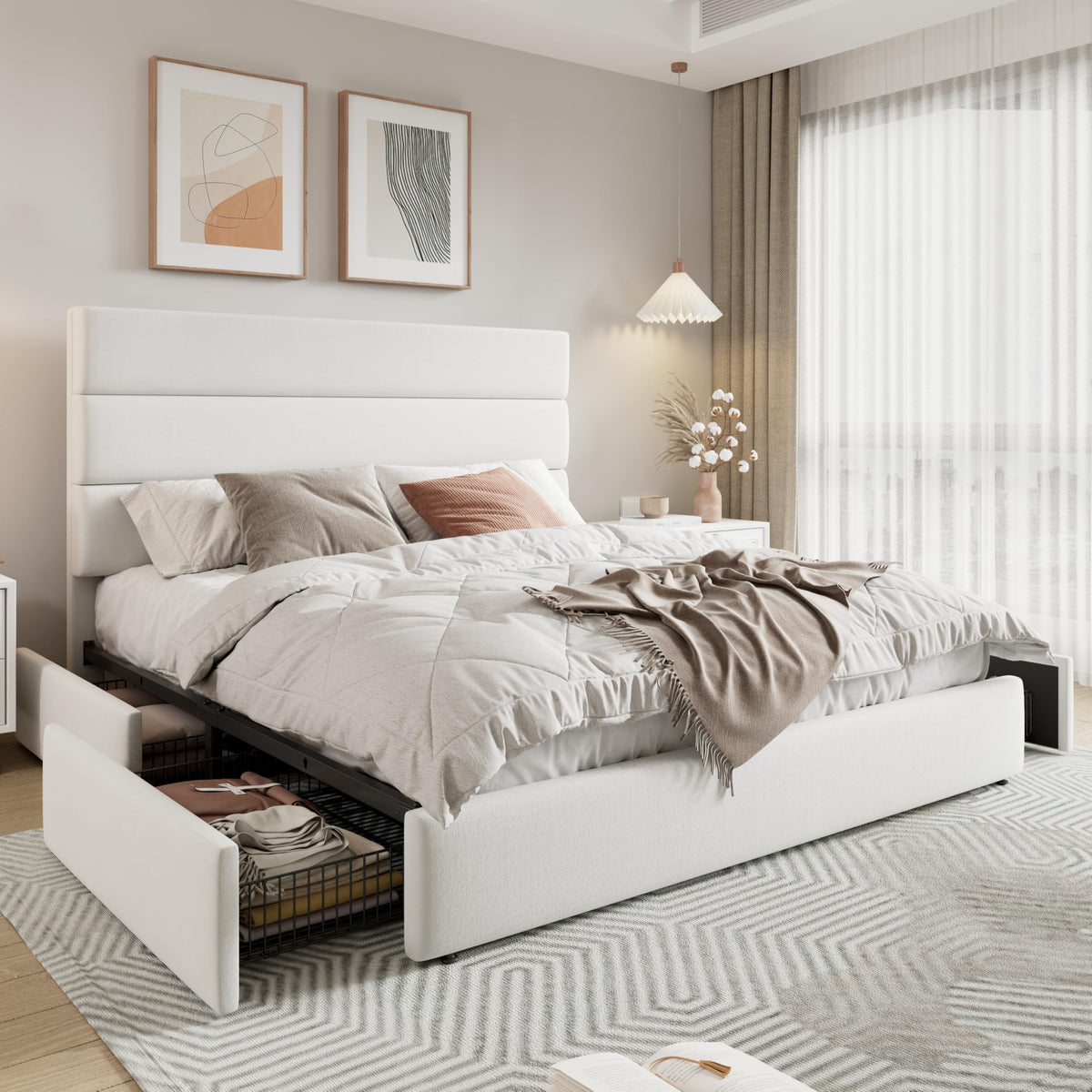 Queen Size Platform Bed Frame with 4 Storage Drawers X1483