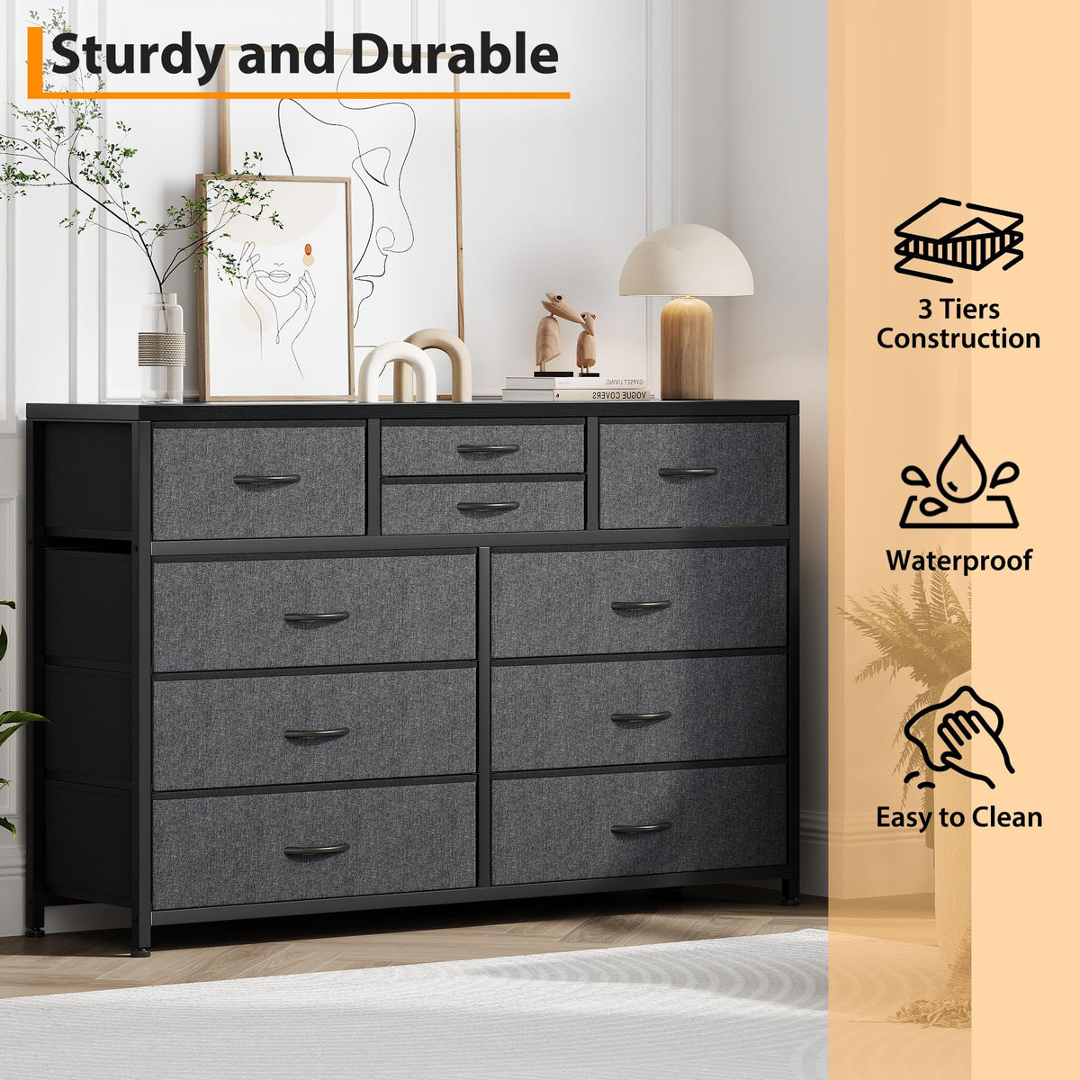 10 Drawer Fabric Dresser with Wood Top Z891