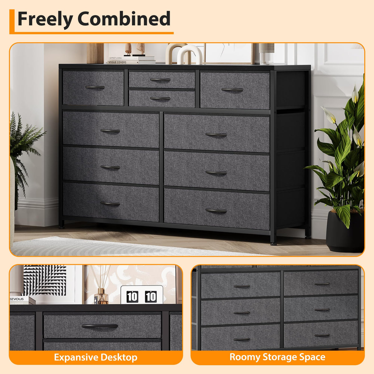 10 Drawer Fabric Dresser with Wood Top Z891
