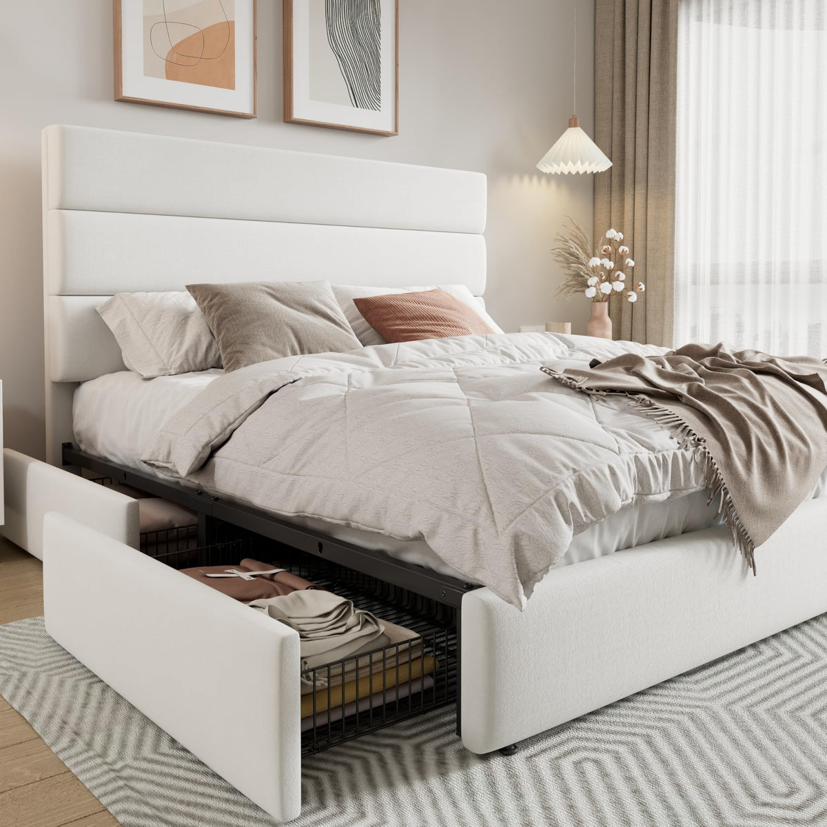 Queen Size Platform Bed Frame with 4 Storage Drawers X1483