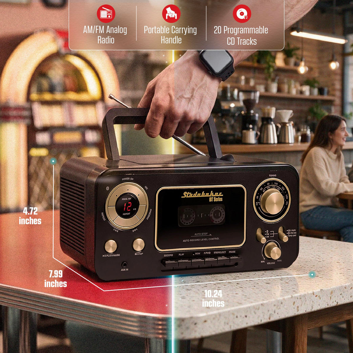 Portable CD Player with Bluetooth, AM/FM Stereo Radio & Cassette Player, Black & Gold I37377
