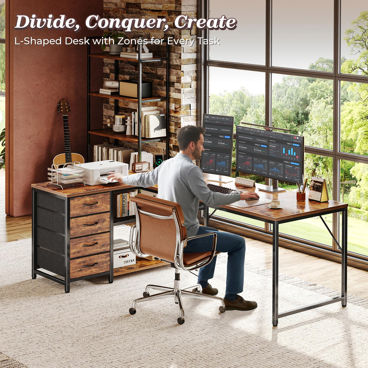 61" L Shaped Desk with Power Outlets & 4 Drawers V575347